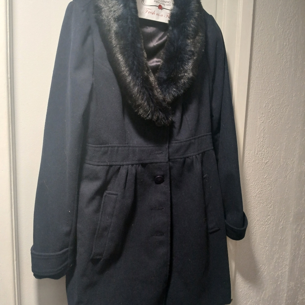 Lulumari Dark Blue Pea Coat with Faux Fu49r Collar